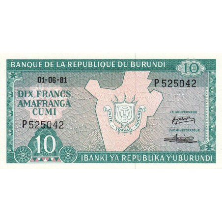 Burundi - Pick 33a_1 - 10 francs - Série P - 01/06/1981 - Etat : NEUF