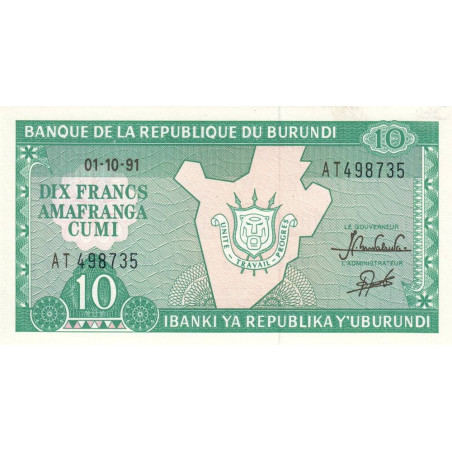 Burundi - Pick 33b_4 - 10 francs - Série AT - 01/10/1991 - Etat : NEUF