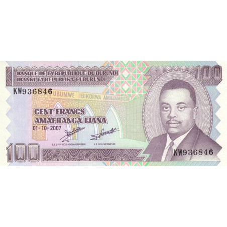 Burundi - Pick 37f - 100 francs - Série KW - 01/10/2007 - Etat : NEUF