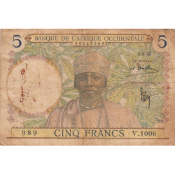 AOF - Pick 21_a3 - 5 Francs - Série V.1006 - 01/08/1935 - Etat : B