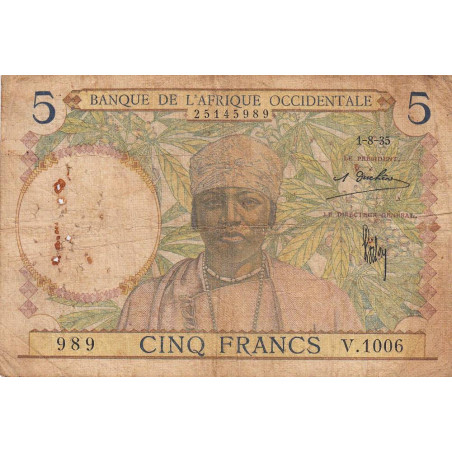 AOF - Pick 21_1c - 5 francs - 01/08/1935 - Etat : B