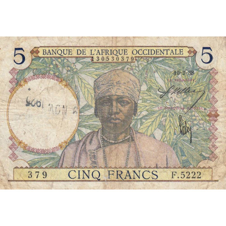 AOF - Pick 21_b3 - 5 Francs - Série - F.5222 - 10/03/1938 - Etat : B+