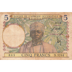 AOF - Pick 21_b3 - 5 Francs - Série X.5244 - 10/03/1938 - Etat : TB