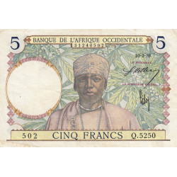 AOF - Pick 21_b3 - 5 Francs - Série Q.5250 - 10/03/1938 - Etat : TTB