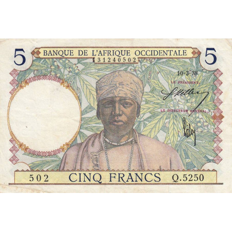 AOF - Pick 21_2c - 5 francs - 10/03/1938 - Etat : TTB