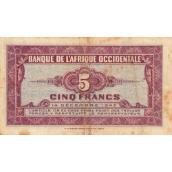 AOF - Pick 28a_1 - 5 francs - 14/12/1942 - Etat : TB