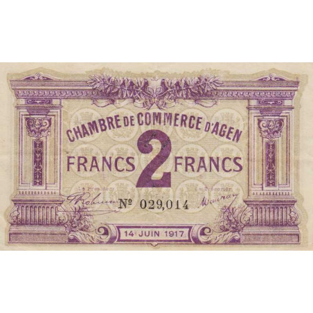 Agen - Pirot 2-15 - 2 francs - 14/06/1917 - Etat : SUP