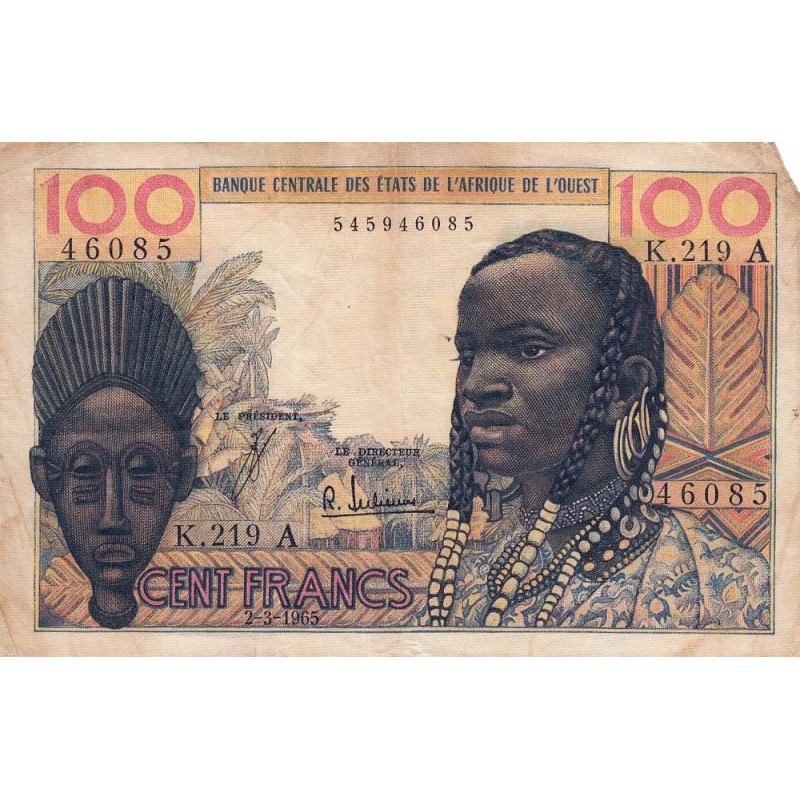 Côte d'Ivoire - Pick 101Ae - 100 francs - Série K.219 - 02/03/1965 - Etat : B+