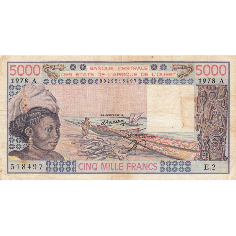 Côte d'Ivoire - Pick 108Ab - 5'000 francs - Série E.2 - 1978 - Etat : TB-