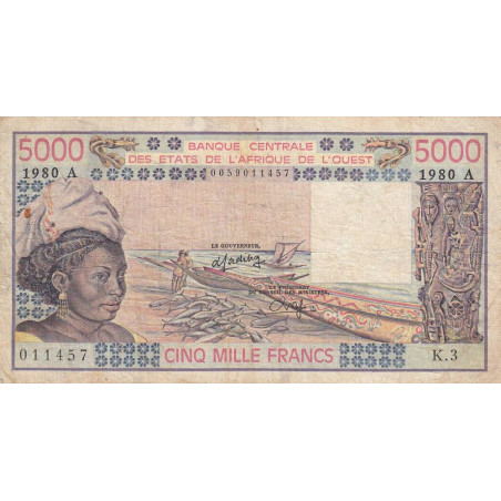 Côte d'Ivoire - Pick 108Ad - 5'000 francs - Série K.3 - 1980 - Etat : TB-