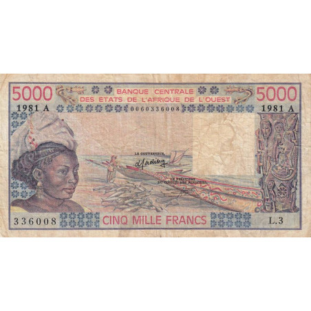 Côte d'Ivoire - Pick 108Ah - 5'000 francs - Série L.3 - 1981 - Etat : B+