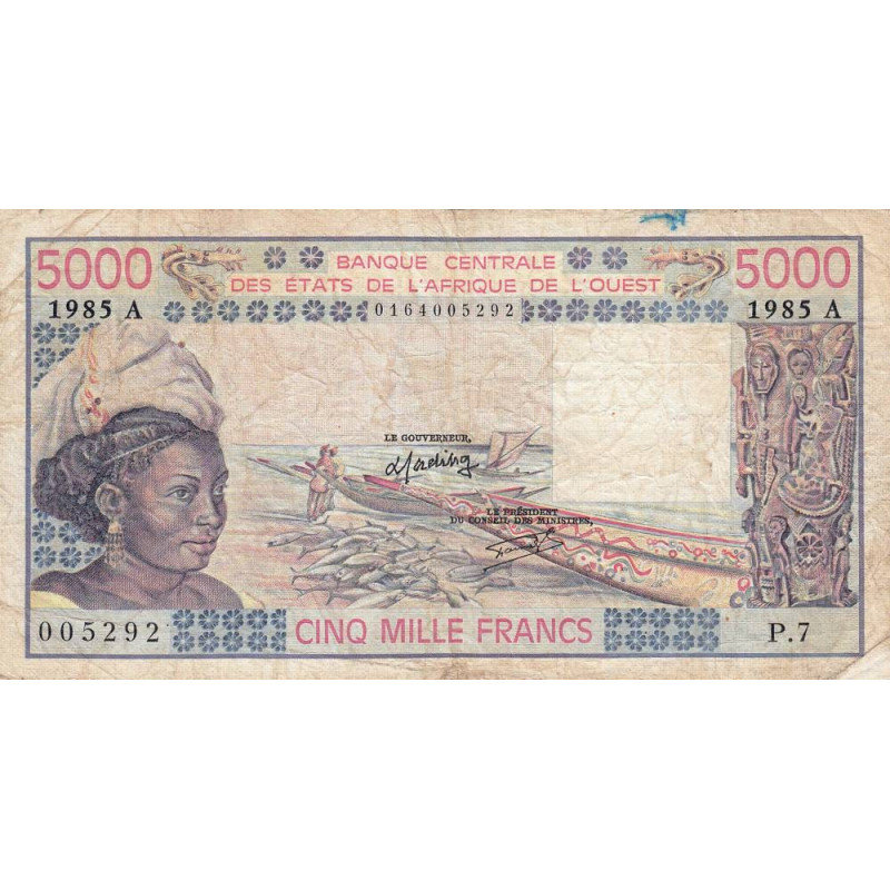 Côte d'Ivoire - Pick 108An - 5'000 francs - Série P.7 - 1985 - Etat : B+