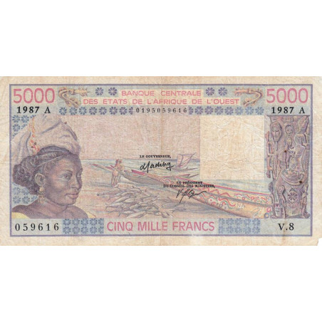 Côte d'Ivoire - Pick 108Ap - 5'000 francs - Série V.8 - 1987 - Etat : B+