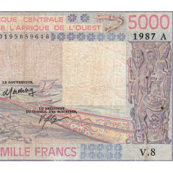 Côte d'Ivoire - Pick 108Ap - 5'000 francs - Série V.8 - 1987 - Etat : B+