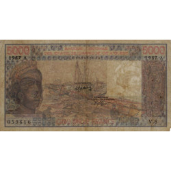 Côte d'Ivoire - Pick 108Ap - 5'000 francs - Série V.8 - 1987 - Etat : B+