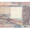 Côte d'Ivoire - Pick 108Ap - 5'000 francs - Série M.9 - 1987 - Etat : B