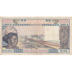 Côte d'Ivoire - Pick 108Ag - 5'000 francs - Série W.010 (remplacement) - 1989 - Etat : TB-