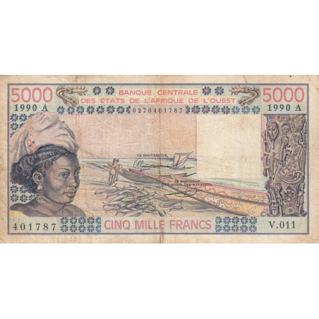 Côte d'Ivoire - Pick 108Aq - 5'000 francs - Série V.011 - 1990 - Etat : B+