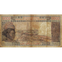 Côte d'Ivoire - Pick 108Aq - 5'000 francs - Série V.011 - 1990 - Etat : B+