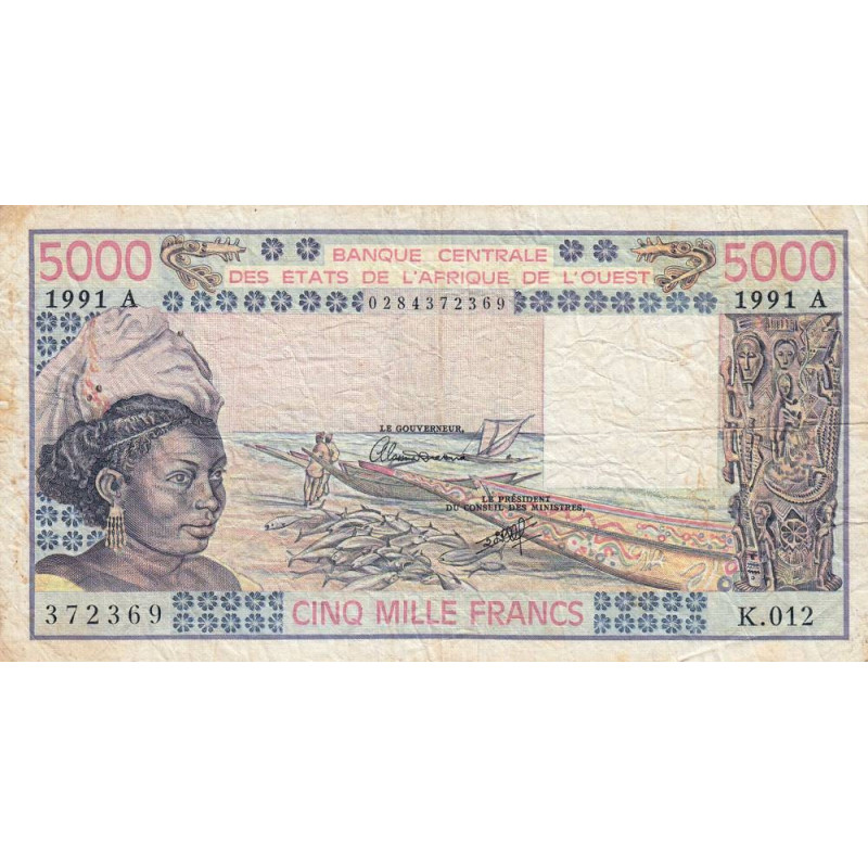 Côte d'Ivoire - Pick 108Ar - 5'000 francs - Série K.012 - 1991 - Etat : B+