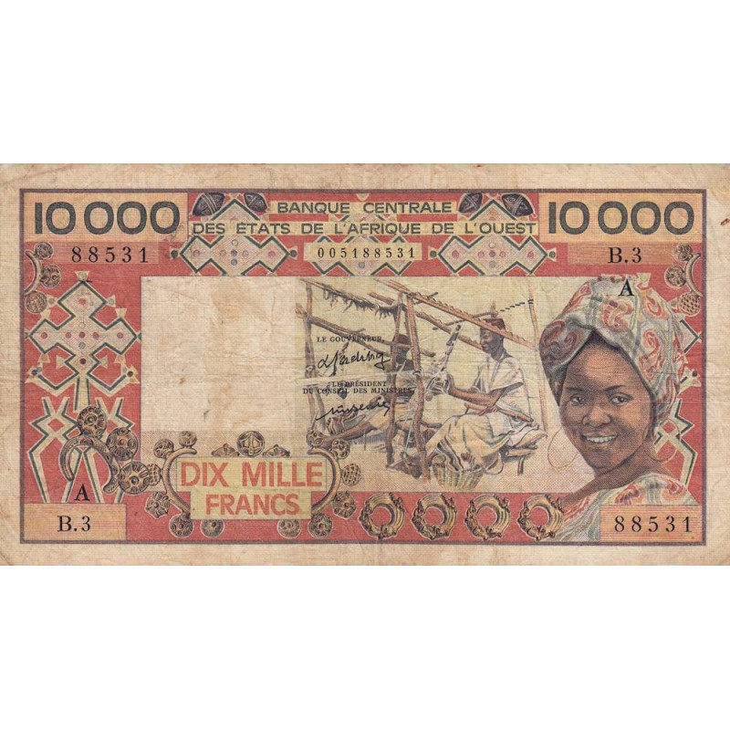 Côte d'Ivoire - Pick 109Aa - 10'000 francs - Série B.3 - Sans date (1977) - Etat : B+