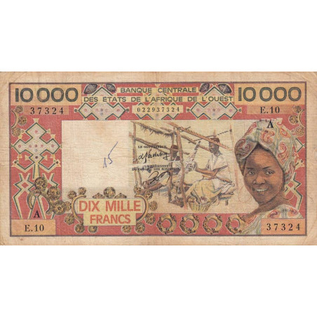 Côte d'Ivoire - Pick 109Ab - 10'000 francs - Série E.10 - Sans date (1979) - Etat : B+