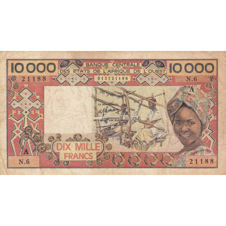 Côte d'Ivoire - Pick 109Ad_1- 10'000 francs - Série N.6 - Sans date (1985) - Etat : B+