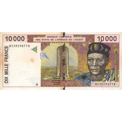 Côte d'Ivoire - Pick 114Aj - 10'000 francs - 2001 - Etat : B+ à TB-