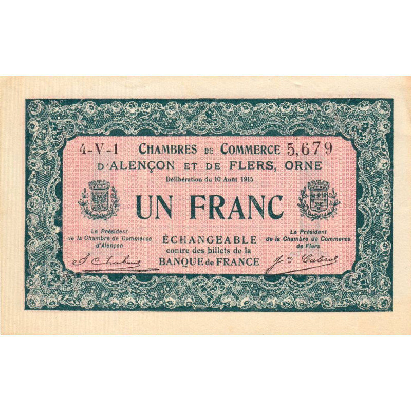 Alençon & Flers (Orne) - Pirot 6-38 - 1 franc - Série 4V1 - 10/08/1915 - Etat : SUP