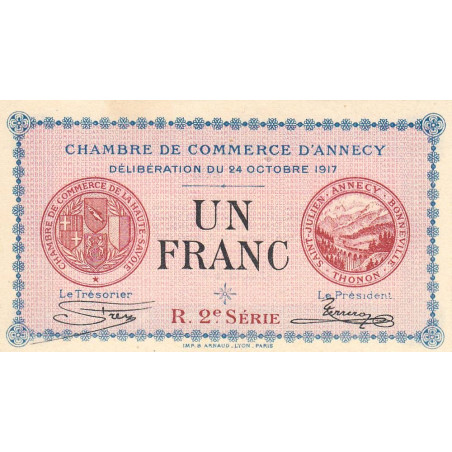 Annecy - Pirot 10-12 - 1 franc - R. 2e Série 202 - 24/10/1917 - Etat : SPL