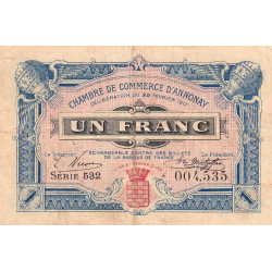 Annonay - Pirot 11-20 - 1 franc - Série 532 - 22/02/1917 - Etat : TB