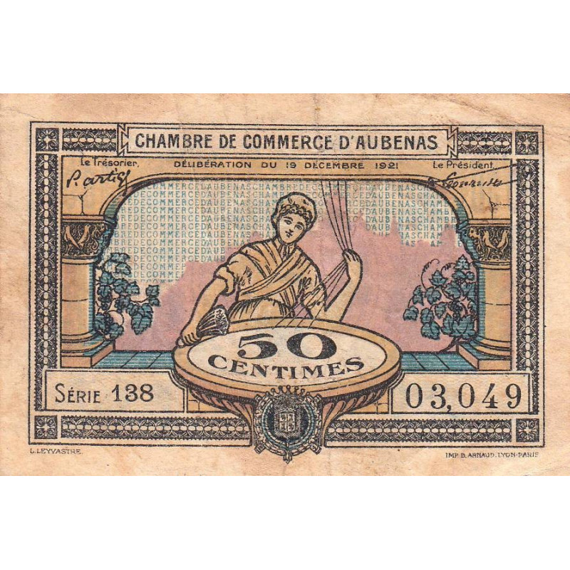 Aubenas - Pirot 14-1 - 50 centimes - Série 138 - 19/12/1921 - Etat : TB