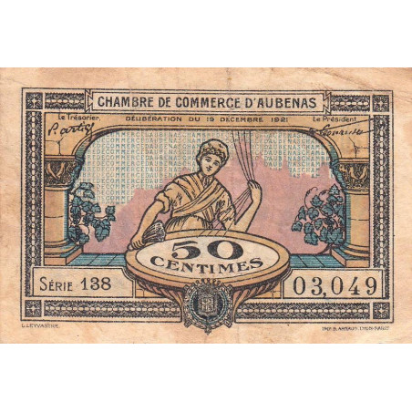 Aubenas - Pirot 14-1 - 50 centimes - Série 138 - 19/12/1921 - Etat : TB