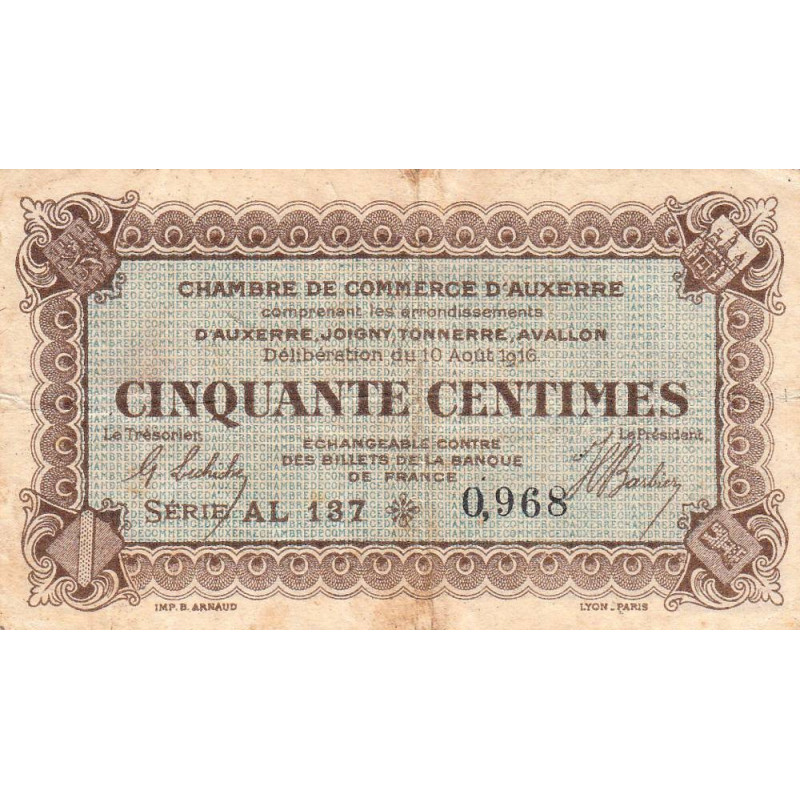 Auxerre - Pirot 17-12 - 50 centimes - Série AL 137 - 10/08/1916 - Etat : TB