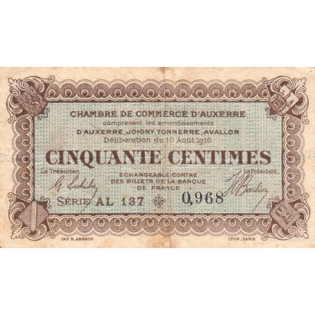 Auxerre - Pirot 17-12 - 50 centimes - Série AL 137 - 10/08/1916 - Etat : TB