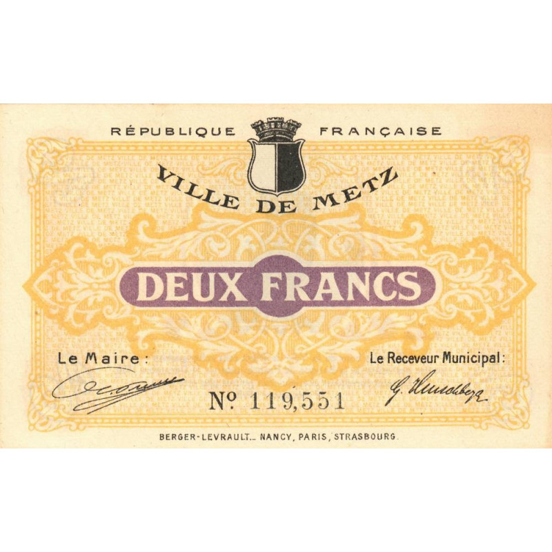 Metz - Pirot 131-6 - 2 francs - 27/12/1918 - Etat : SPL