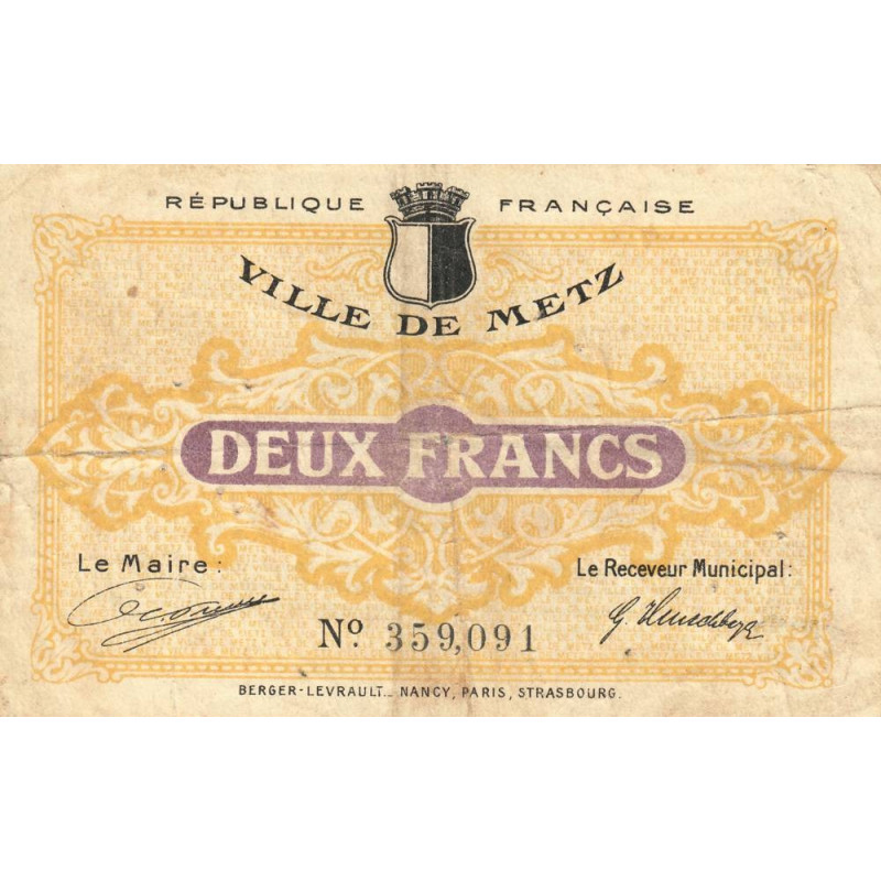 Metz - Pirot 131-6 - 2 francs - 27/12/1918 - Etat : TB-