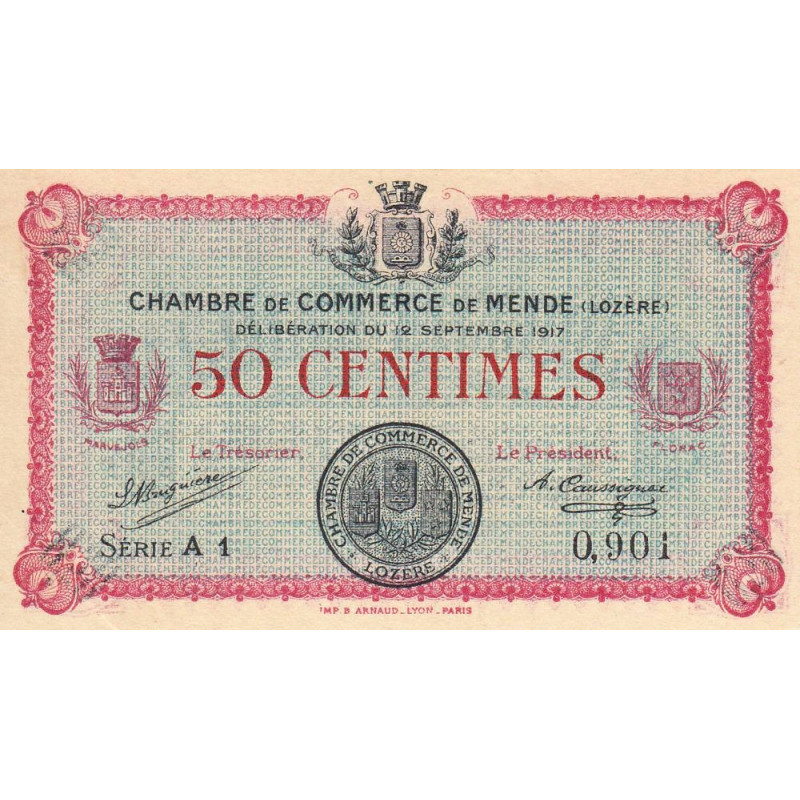 Mende (Lozère) - Pirot 81-1 - 50 centimes - Série A 1 - 12/09/1917 - Etat : SUP+ à SPL