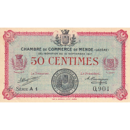 Mende (Lozère) - Pirot 81-1 - 50 centimes - Série A 1 - 12/09/1917 - Etat : SUP+ à SPL