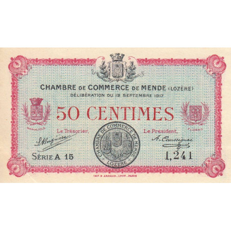 Mende (Lozère) - Pirot 81-1 - 50 centimes - Série A 15 - 12/09/1917 - Etat : SUP+ à SPL