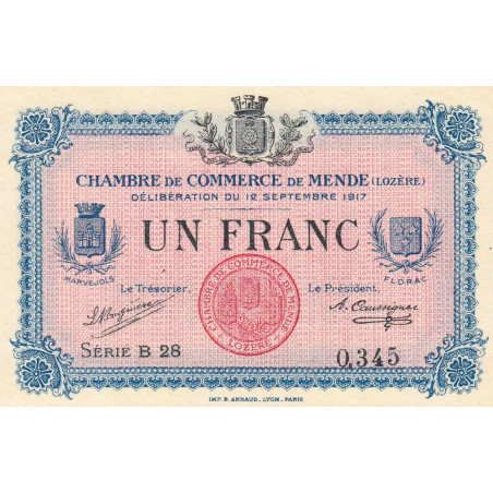 Mende (Lozère) - Pirot 81-3 - 1 franc - Série B 28 - 12/09/1917 - Etat : SPL