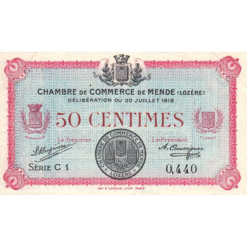 Mende (Lozère) - Pirot 81-5 - 50 centimes - Série C 1 - 30/07/1918 - Etat : SUP