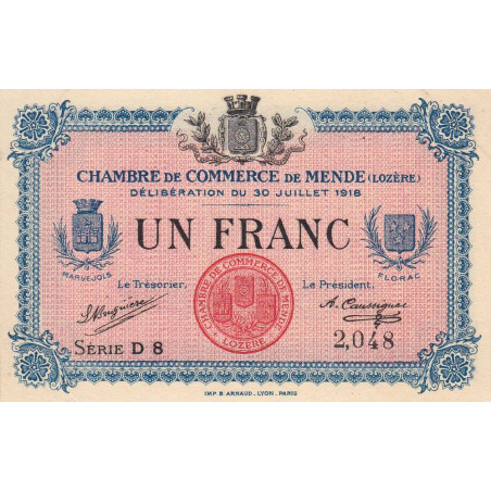 Mende (Lozère) - Pirot 81-7 - 1 franc - Série D 8 - 30/07/1918 - Etat : SUP+
