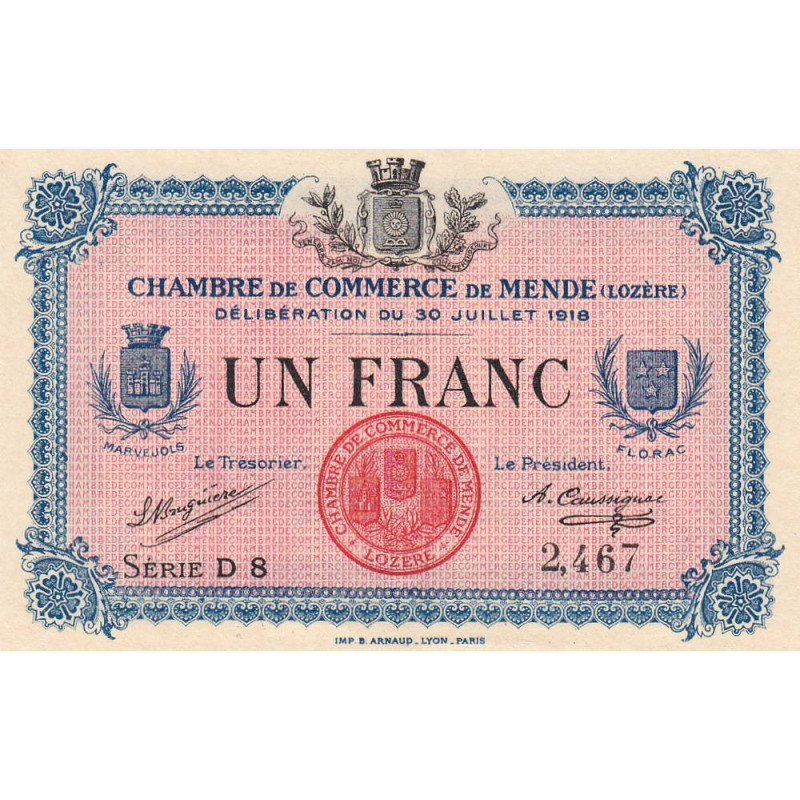 Mende (Lozère) - Pirot 81-7 - 1 franc - Série D 8 - 30/07/1918 - Etat : SPL