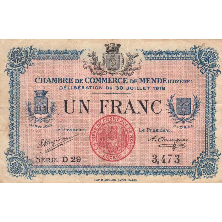 Mende (Lozère) - Pirot 81-7 - 1 franc - Série D 29 - 30/07/1918 - Etat : TB