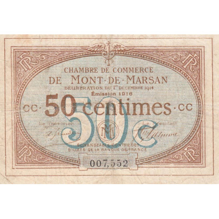 Mont-de-Marsan - Pirot 82-14 - 50 centimes - Série CC - 1916 - Etat : TB-
