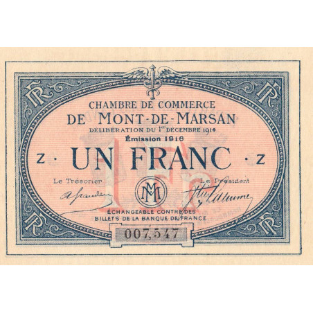 Mont-de-Marsan - Pirot 82-15 - 1 franc - Série Z - 1916 - Etat : SUP+