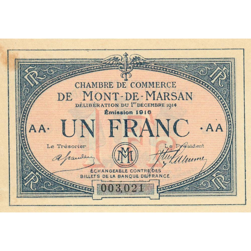 Mont-de-Marsan - Pirot 82-16 variété- 1 franc - Série AA - 1916 - Etat : SUP
