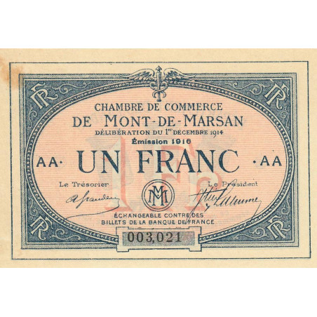 Mont-de-Marsan - Pirot 82-16 variété- 1 franc - Série AA - 1916 - Etat : SUP