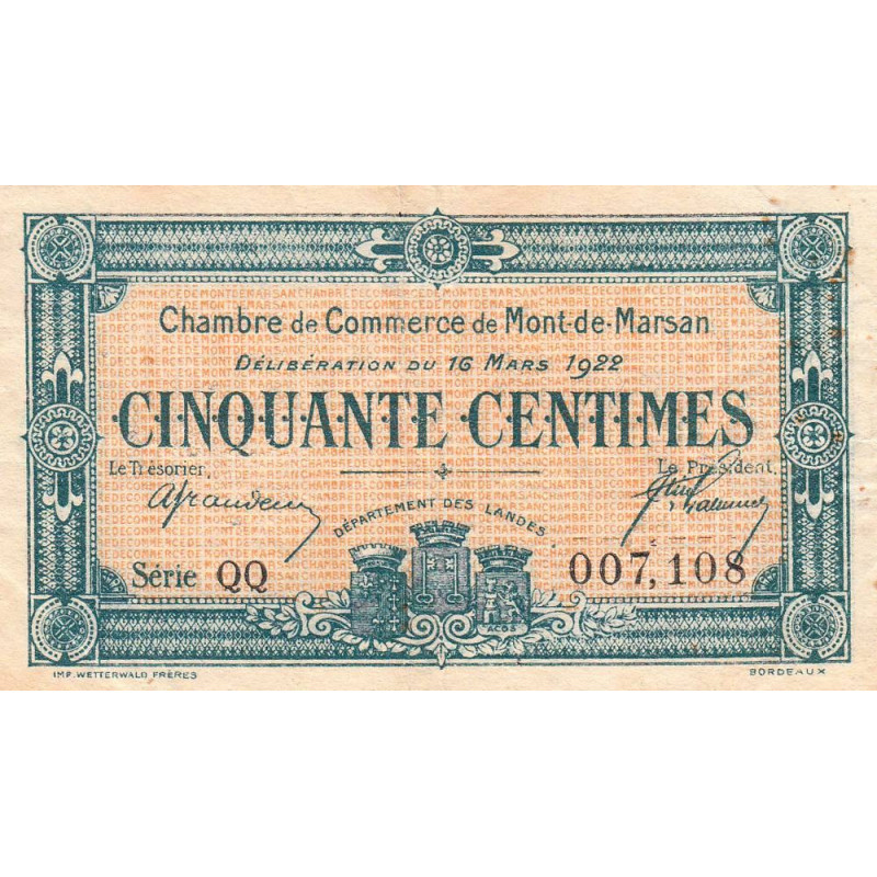 Mont-de-Marsan - Pirot 82-38 - 50 centimes - Série QQ - 16/03/1922 - Etat : TB+